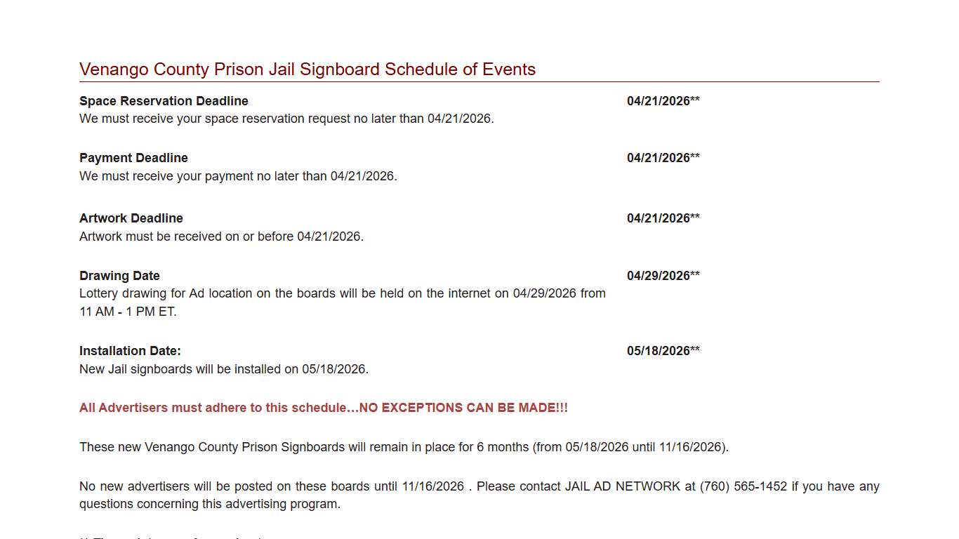 Venango County Prison Jail Signboard Schedule of Events