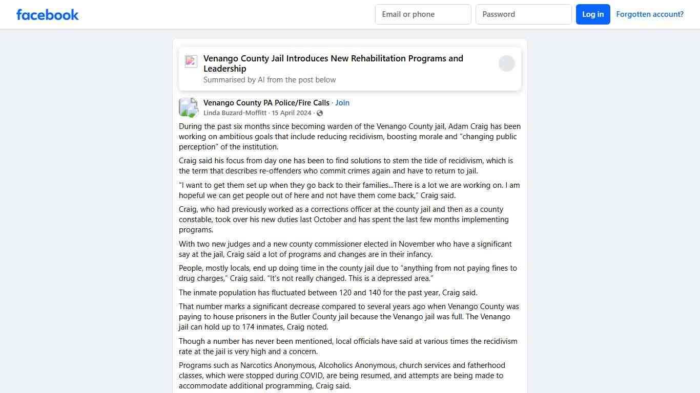 Venango County PA Police/Fire Calls During the past six months since becoming warden of the Venango County jail, Adam Craig has been working on ambitious goals that include reducing reci... Facebook