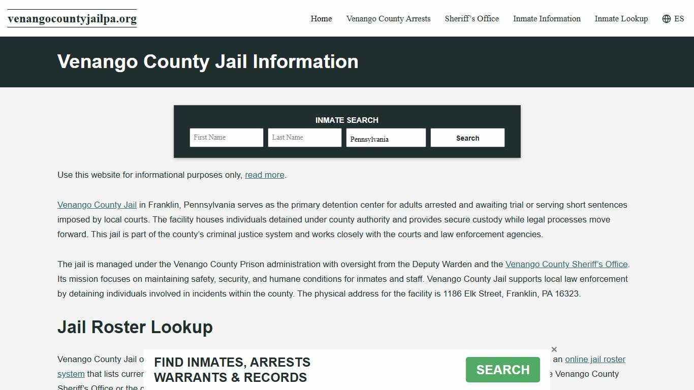 Venango County, PA Jail Roster, Inmate Info